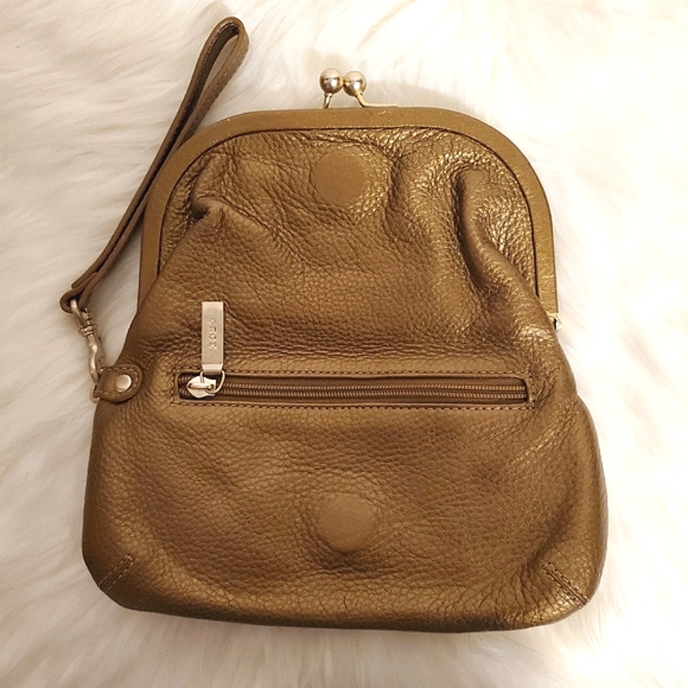 HOBO Int'l RARE LG Kisslock Bronze Pebbled Leather Wristlet/Clutch - Picture 2 of 5